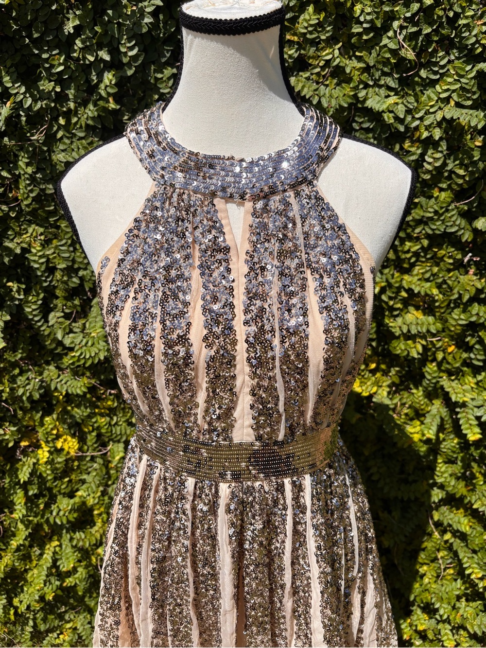 French Connection Size 2 Nude Beaded Halter Evening Dress with Silver Sequins